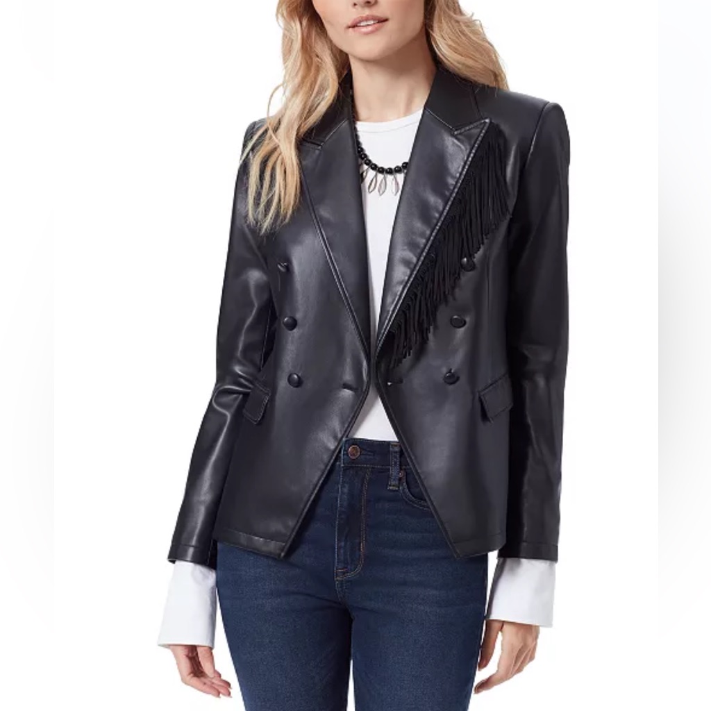 Sam Edelman Imogen Faux Leather Double Breasted Blazer Jacket With Fringe